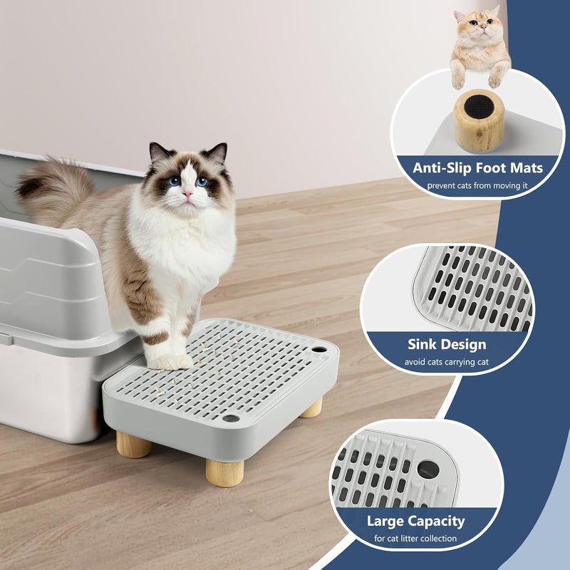 Lanstics Litter Box Step, Litter Box Ramp for Cats Grey Litter Catcher with Wooden Base Cat Steps for Litter Box Anti-Tracking & Easy to Clean for Kitten & Elderly Cats - Image 3